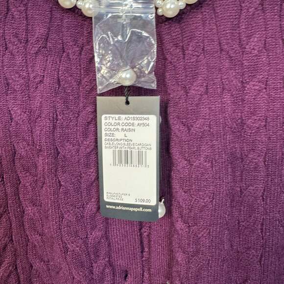 Adrianna Papell Cable Long Sleeve Cardigan Sweater with Pearl Buttons and Pearl - Picture 6 of 9